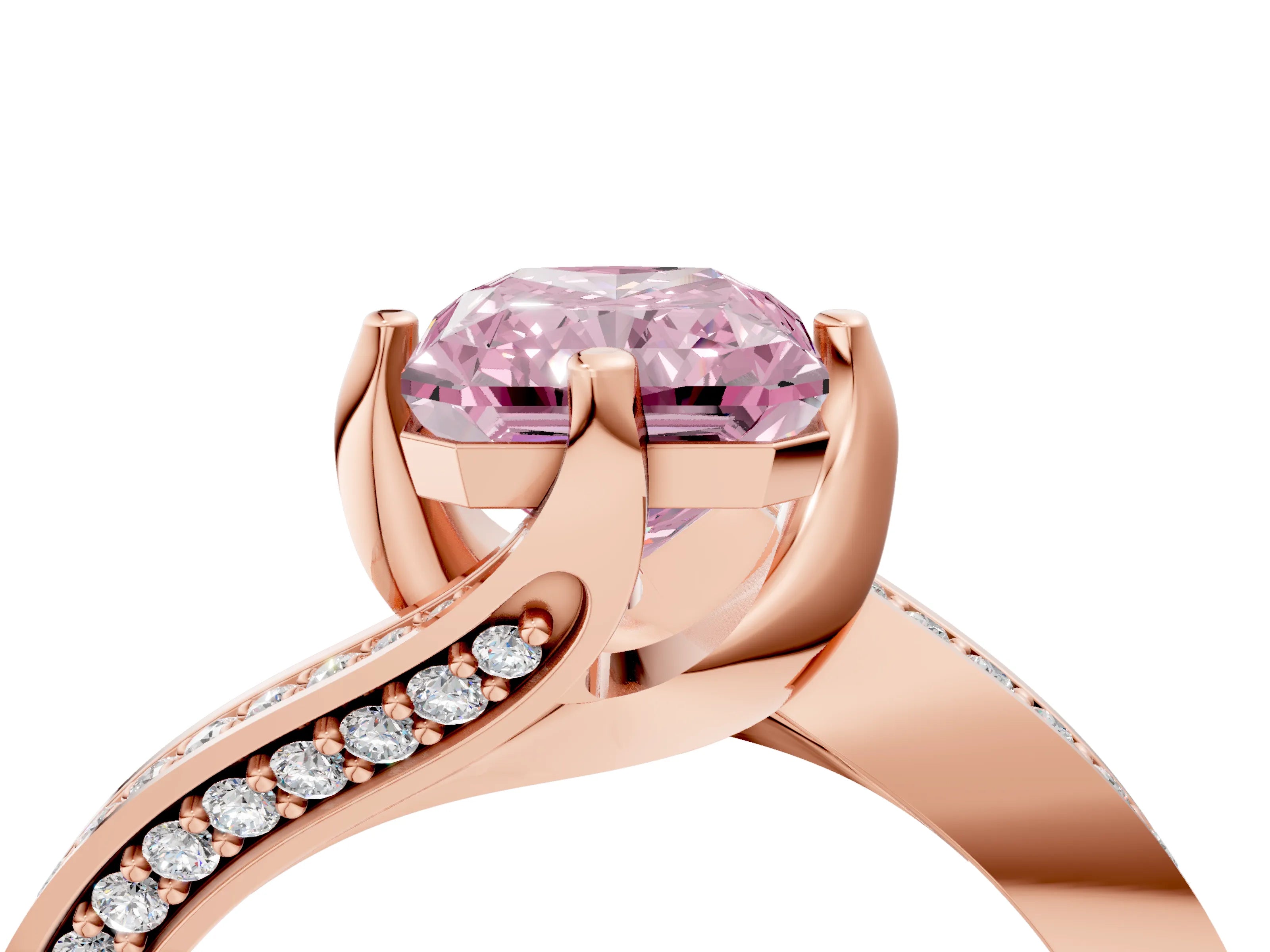 Rose gold Fancy Pink Radiant Cut Solitaire Diamond Twist Band with Pavé Setting and Four-Prong Setting_4