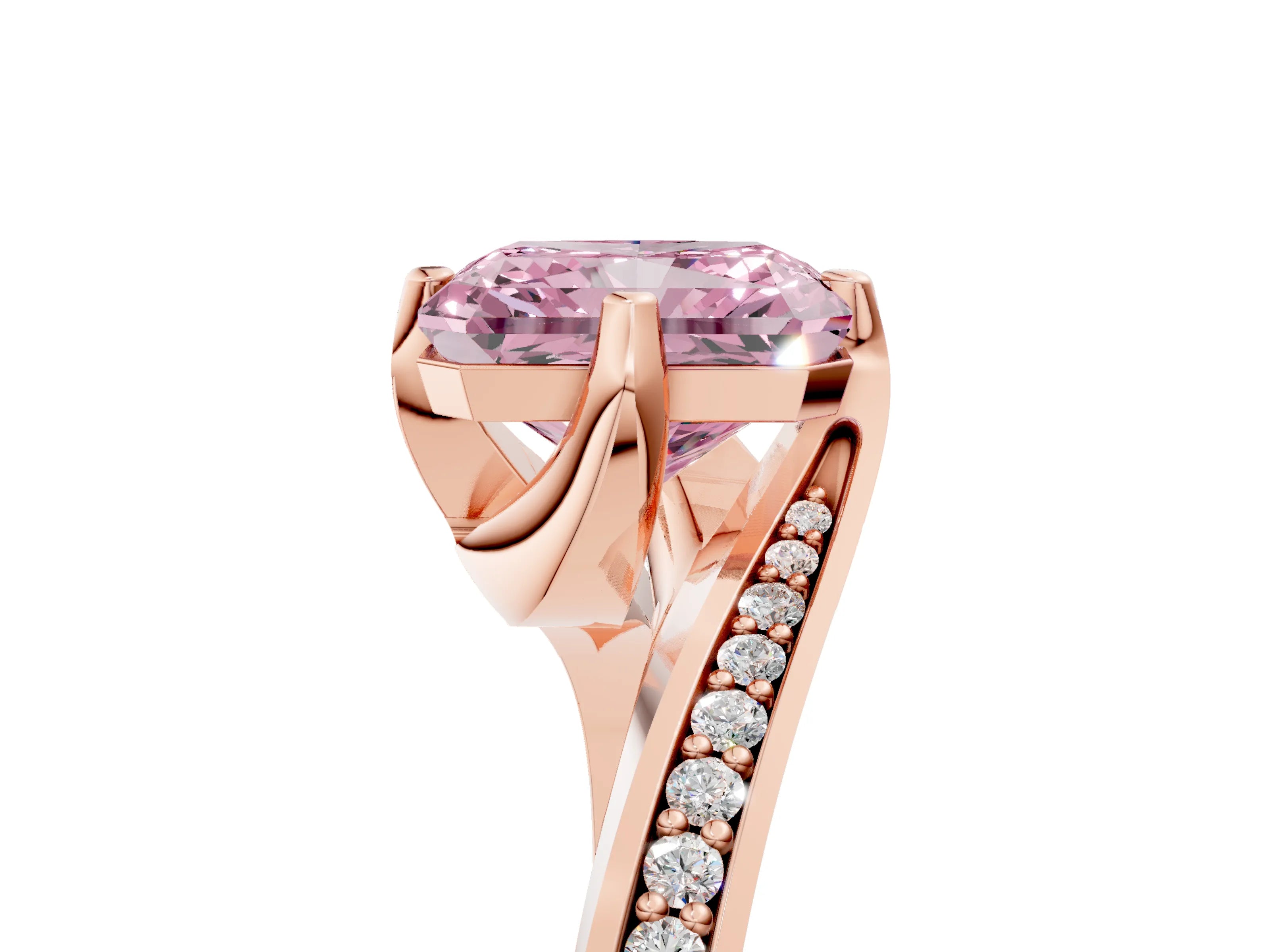 Rose gold Fancy Pink Radiant Cut Solitaire Diamond Twist Band with Pavé Setting and Four-Prong Setting_5