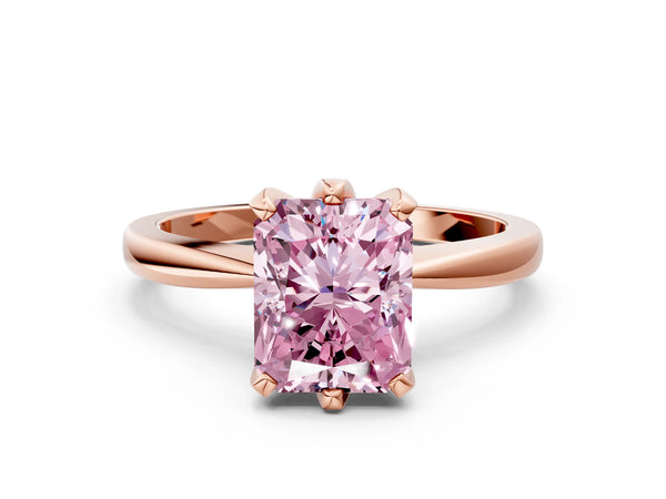 Rose gold Fancy Pink Radiant Cut Solitaire Engagement Ring with Six-Prong Setting and Tapered Band