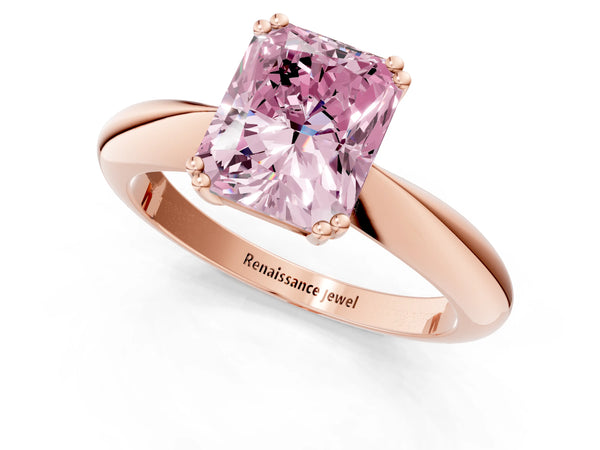 Rose gold Fancy Pink Radiant  Cut Solitaire Engagement Ring with Tapered Band and Four-Prong Setting
