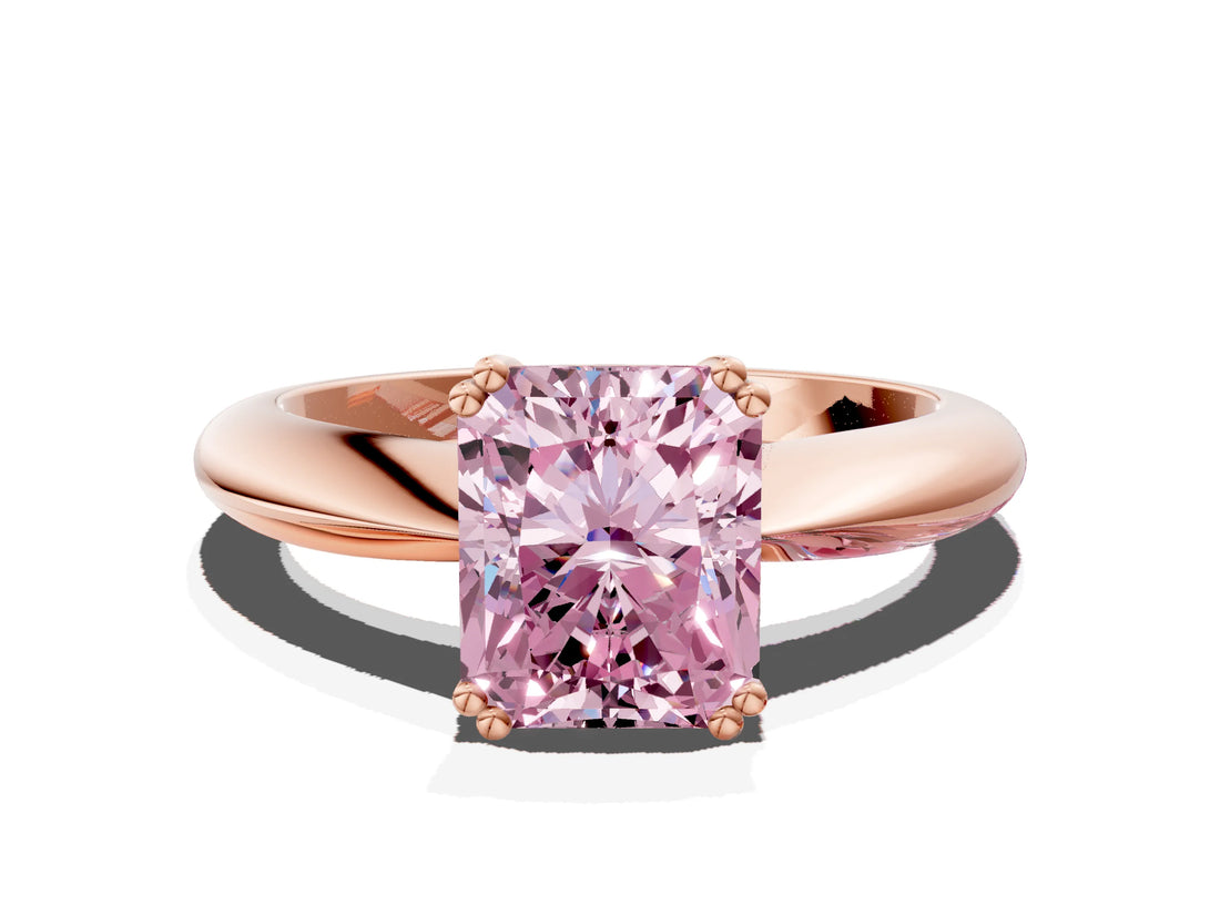 Rose gold Fancy Pink Radiant  Cut Solitaire Engagement Ring with Tapered Band and Four-Prong Setting