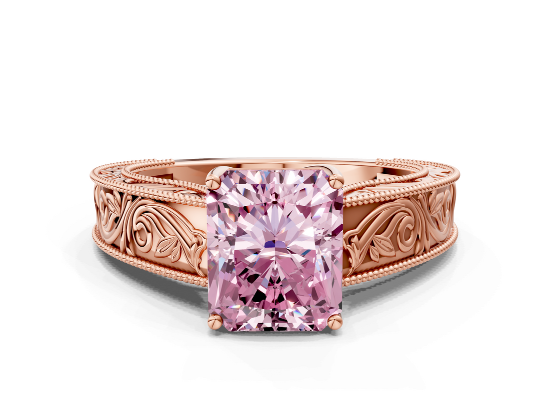 Rose gold Fancy Pink Radiant  Cut Solitaire Engraved Band with Four-Prong Setting_62