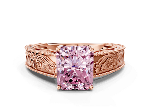 Rose gold Fancy Pink Radiant Cut Diamond Solitaire Ring with Engraved Band and Four-Prong Setting