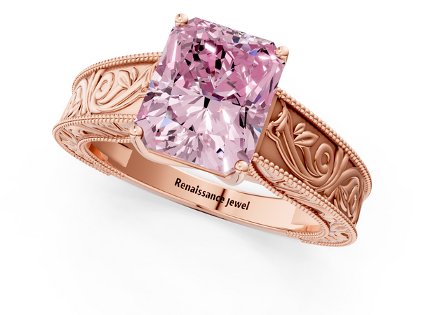 Rose gold Fancy Pink Radiant Cut Diamond Solitaire Ring with Engraved Band and Four-Prong Setting