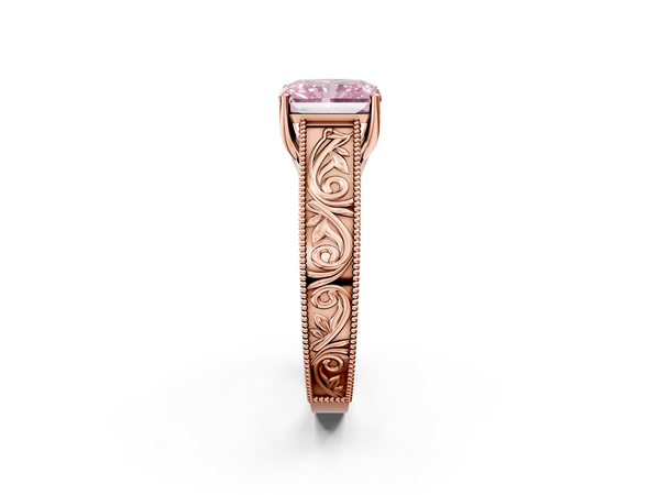 Rose gold Fancy Pink Radiant Cut Diamond Solitaire Ring with Engraved Band and Four-Prong Setting