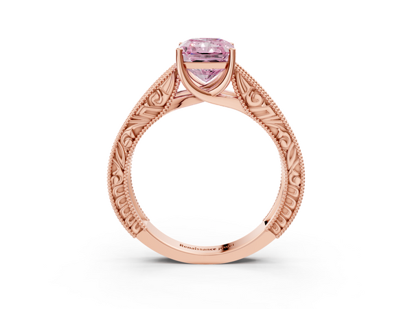 Rose gold Fancy Pink Radiant Cut Diamond Solitaire Ring with Engraved Band and Four-Prong Setting
