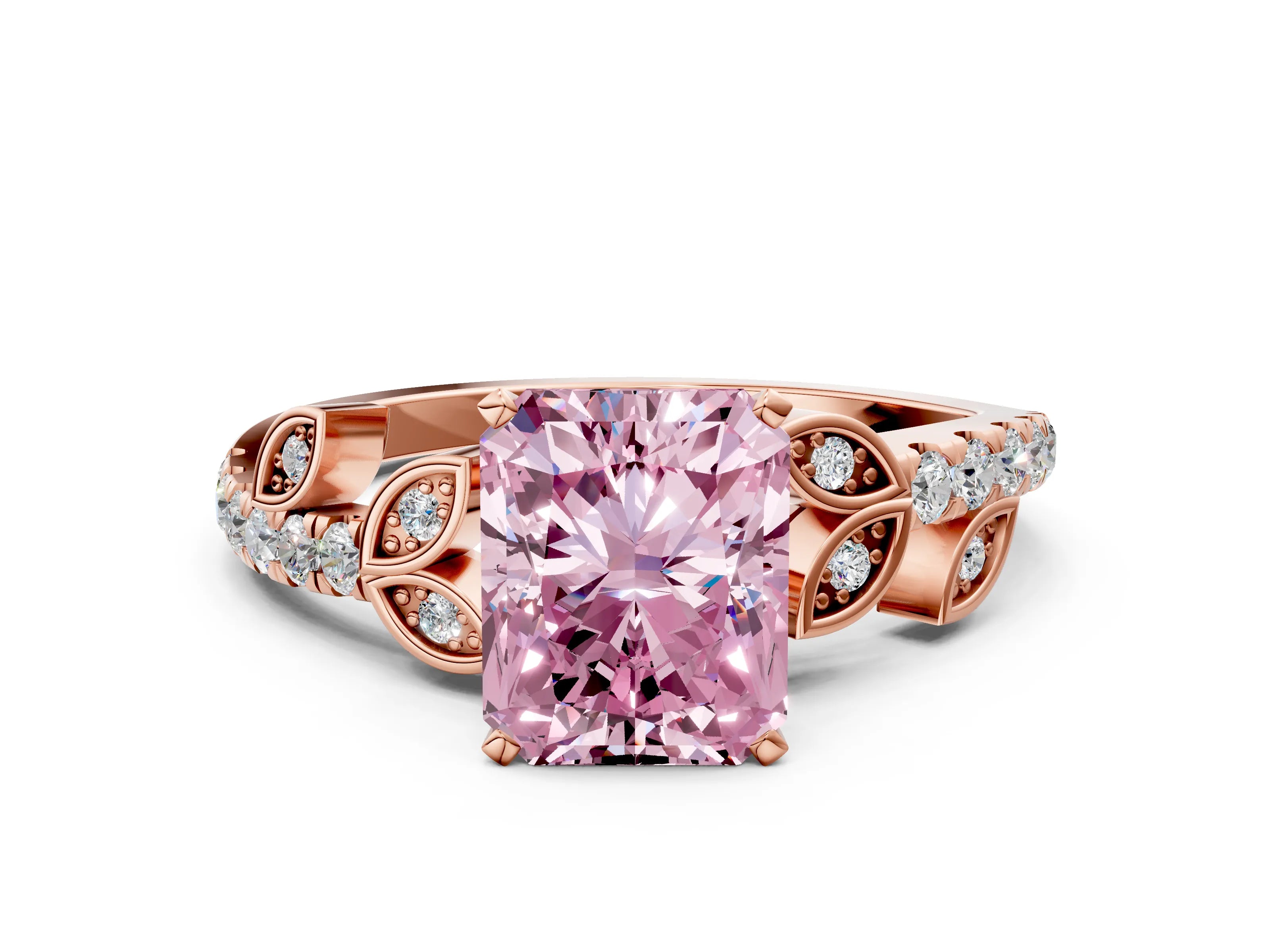 Rose gold Fancy Pink Radiant Cut Solitaire Leaf-Inspired Diamond Ring with Pavé Band and Four-Prong Setting
