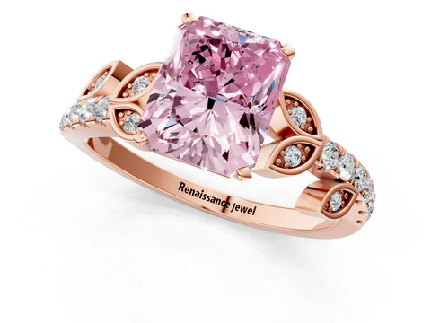 Rose gold Fancy Pink Radiant Cut Solitaire Leaf-Inspired Diamond Ring with Pavé Band and Four-Prong Setting_1