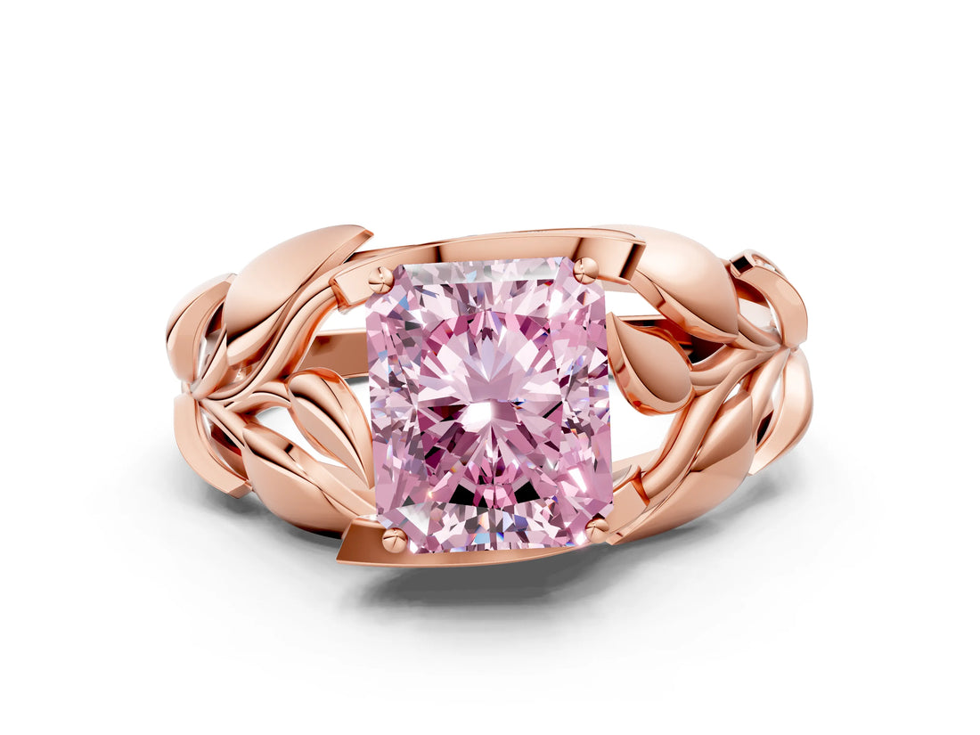 Rose gold Fancy Pink Radiant Cut Solitaire Leaf-Inspired Engagement Ring with Prong Setting_12