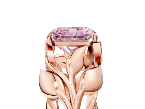 Rose gold Fancy Pink Radiant Cut Solitaire Leaf-Inspired Engagement Ring with Prong Setting_5