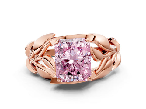 Rose gold Fancy Pink Radiant Cut Solitaire Leaf-Inspired Engagement Ring with Prong Setting