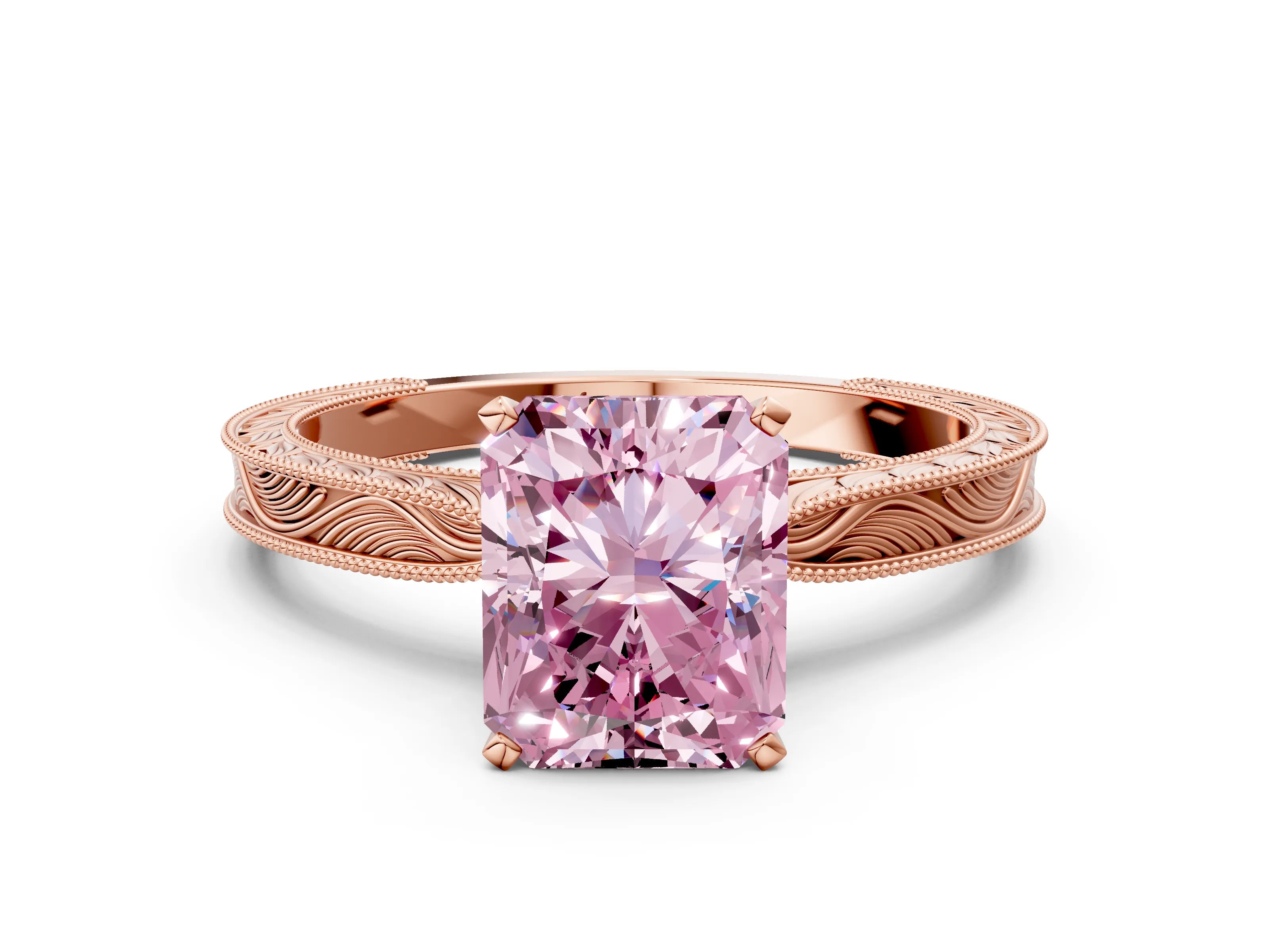 Rose gold Fancy Pink Radiant Cut Solitaire Milgrain Engraved Band with Four-Prong Setting