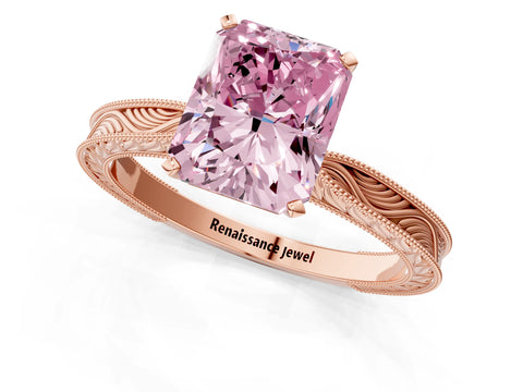Rose gold Fancy Pink Radiant Cut Solitaire Milgrain Engraved Band with Four-Prong Setting_1