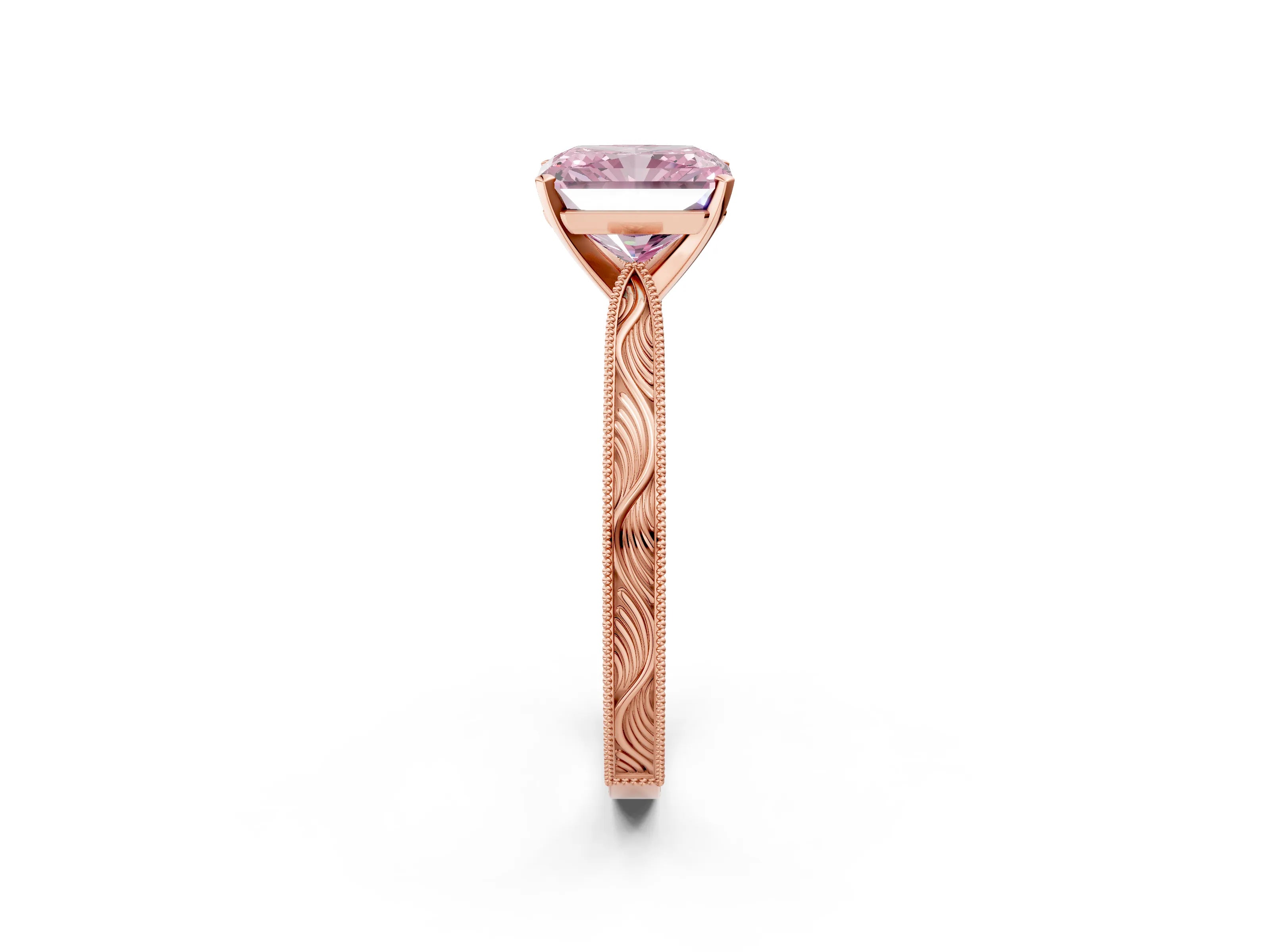 Rose gold Fancy Pink Radiant Cut Solitaire Milgrain Engraved Band with Four-Prong Setting_2