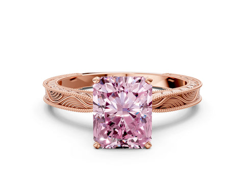 Rose gold Fancy Pink Radiant Cut Solitaire Milgrain Engraved Band with Four-Prong Setting