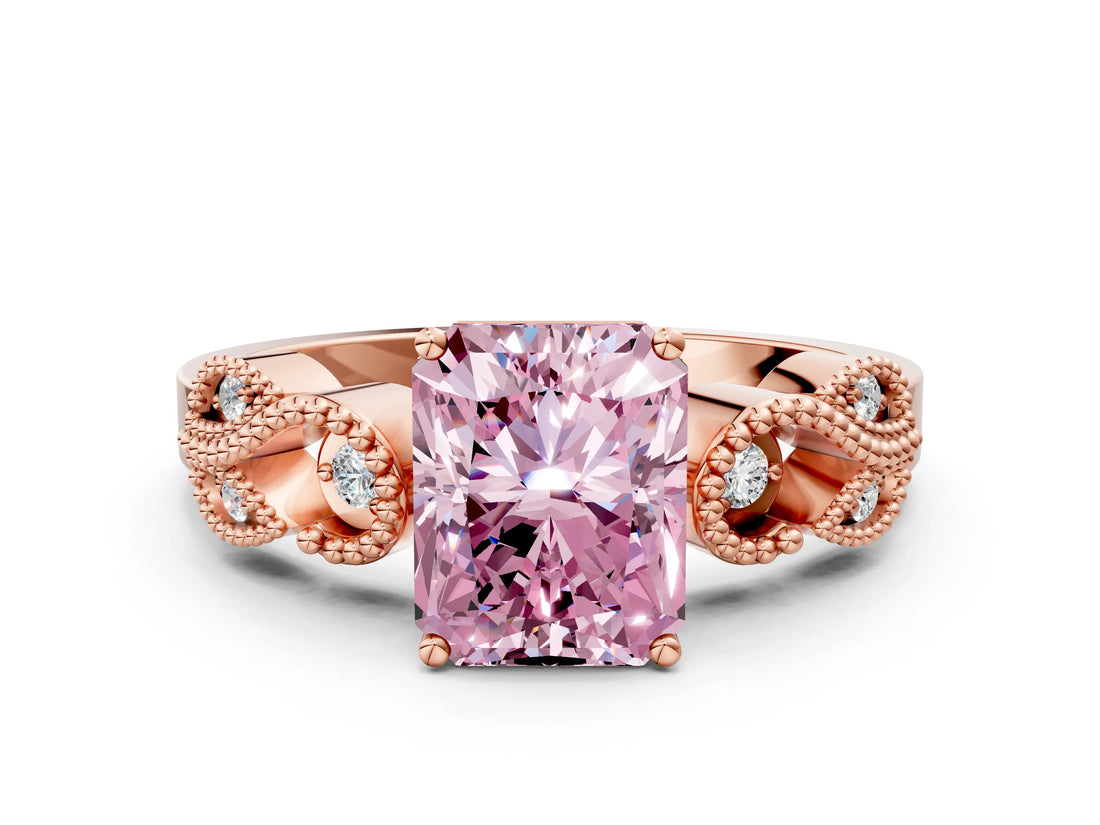 Rose gold Fancy Pink Radiant Cut Solitaire Milgrain Leaf Band with Prong Setting