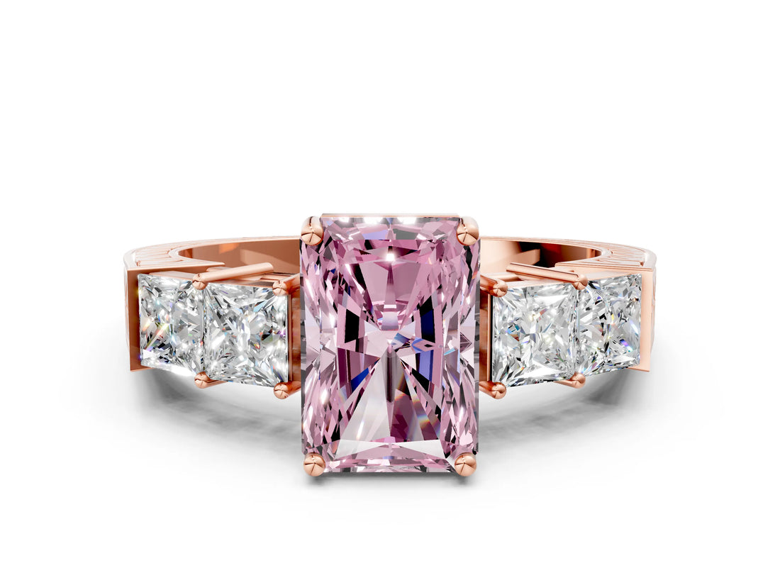 Rose gold Fancy Pink Radiant Cut Solitaire Princess Side Stone Engraved Band Prong Setting Ring