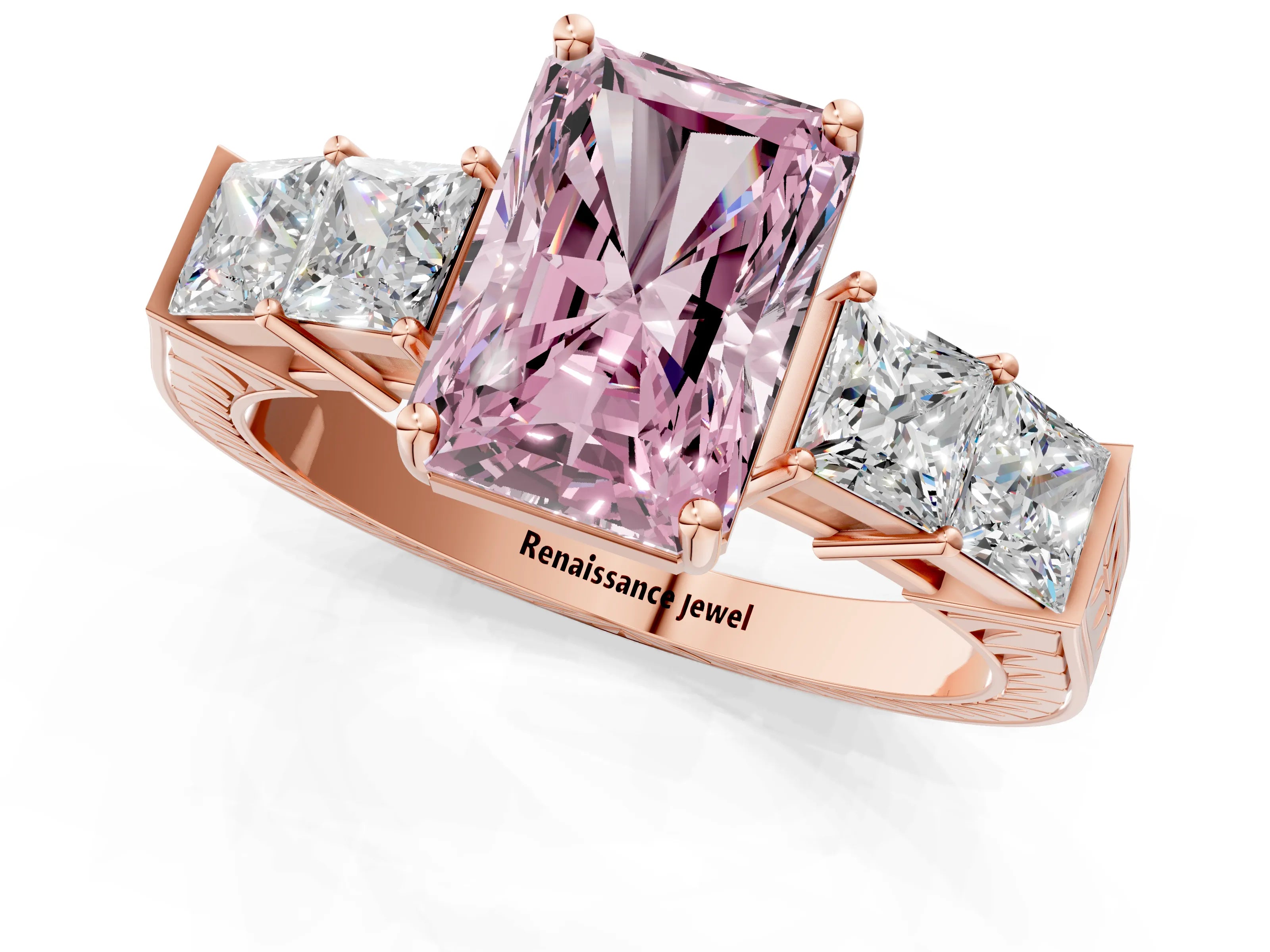 Rose gold Fancy Pink Radiant Cut Solitaire Princess Side Stone Engraved Band Prong Setting Ring_1