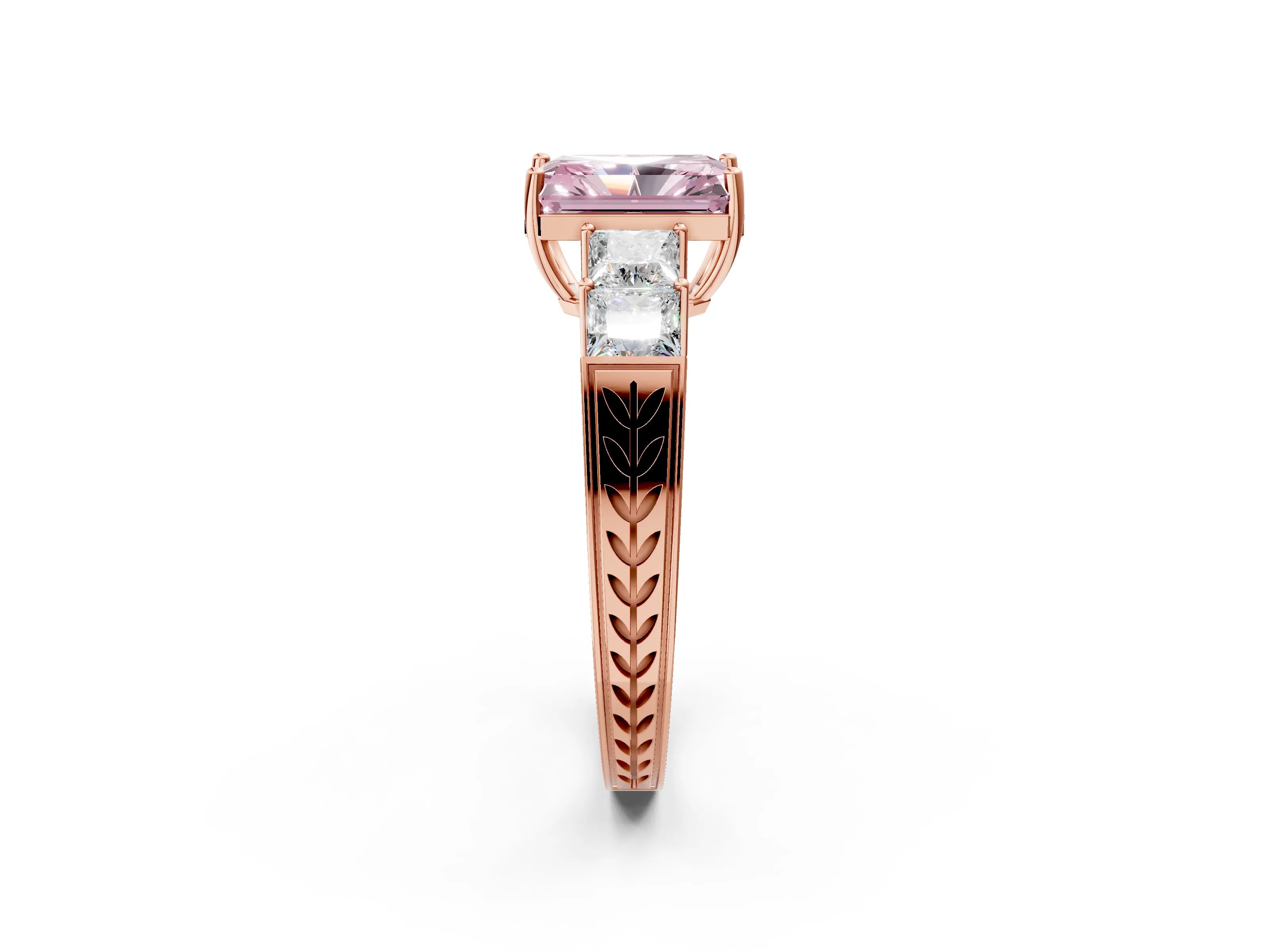 Rose gold Fancy Pink Radiant Cut Solitaire Princess Side Stone Engraved Band Prong Setting Ring_2