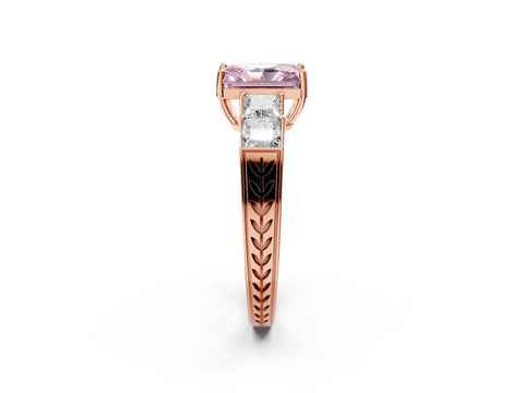 Rose gold Fancy Pink Radiant Cut Solitaire Princess Side Stone Engraved Band Prong Setting Ring_2