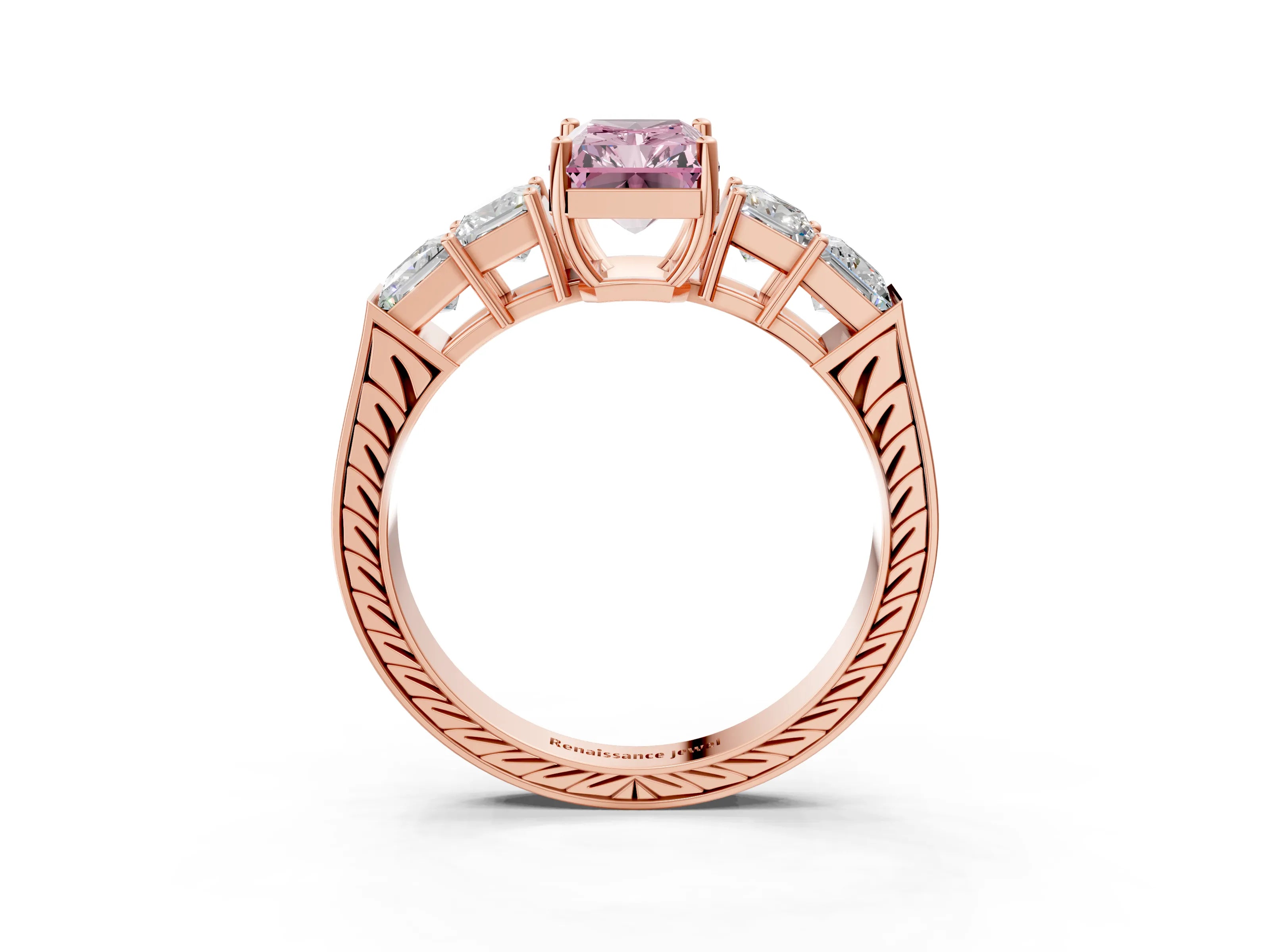 Rose gold Fancy Pink Radiant Cut Solitaire Princess Side Stone Engraved Band Prong Setting Ring_3