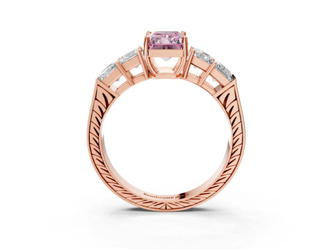 Rose gold Fancy Pink Radiant Cut Solitaire Princess Side Stone Engraved Band Prong Setting Ring_3