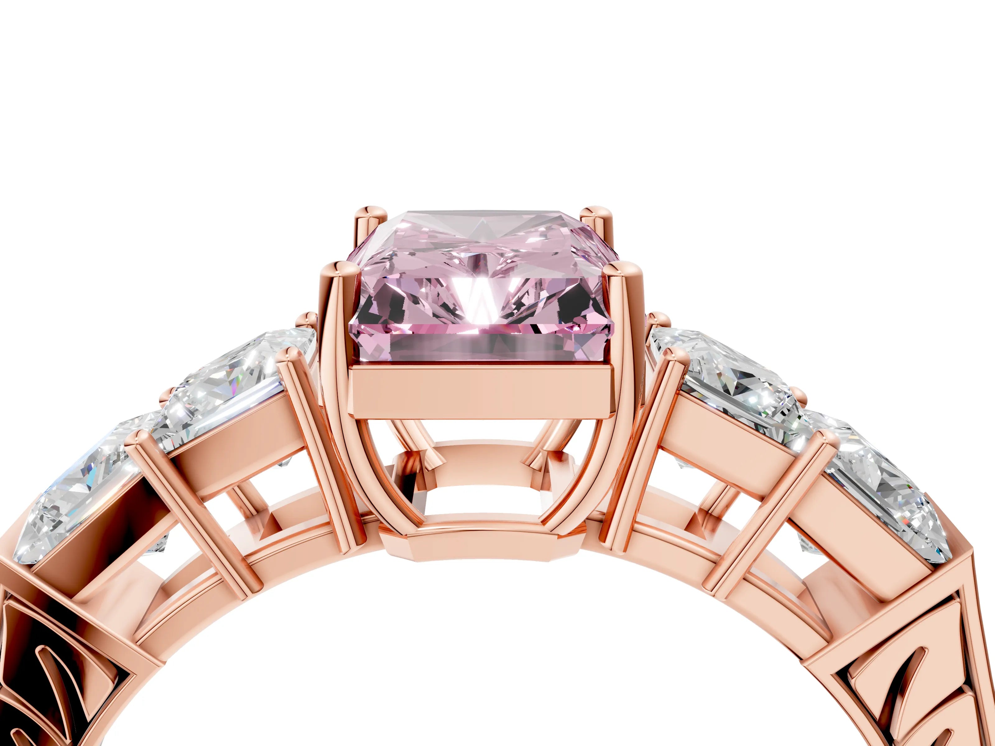 Rose gold Fancy Pink Radiant Cut Solitaire Princess Side Stone Engraved Band Prong Setting Ring_4