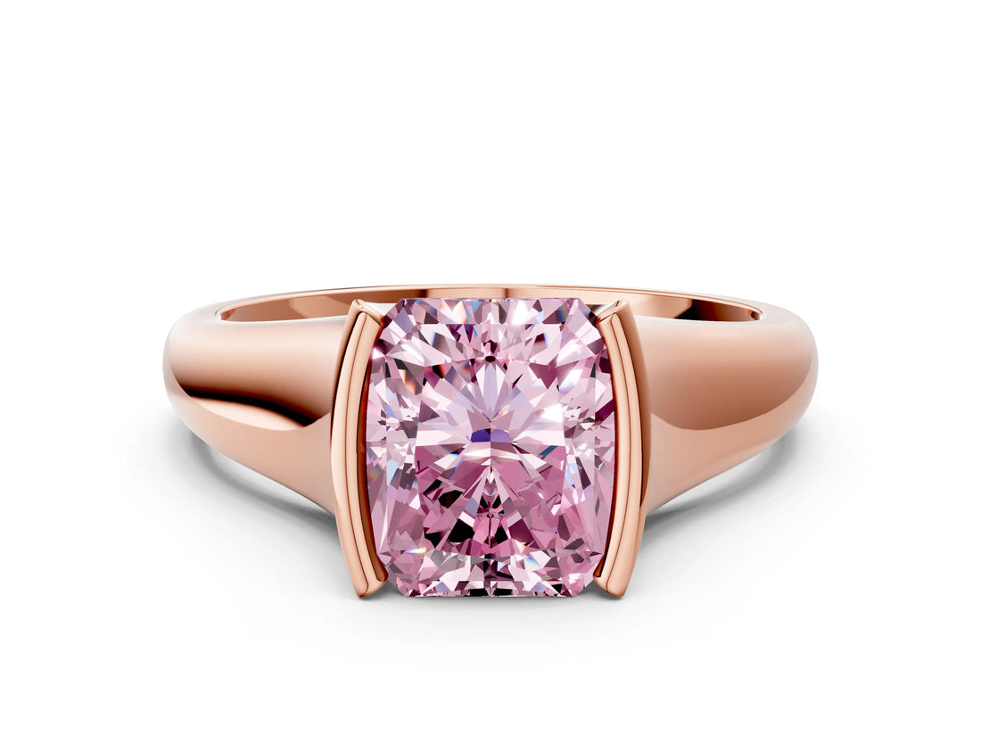 Rose gold Fancy Pink Radiant Cut Solitaire Tension Set Diamond Ring with Split Shank Band