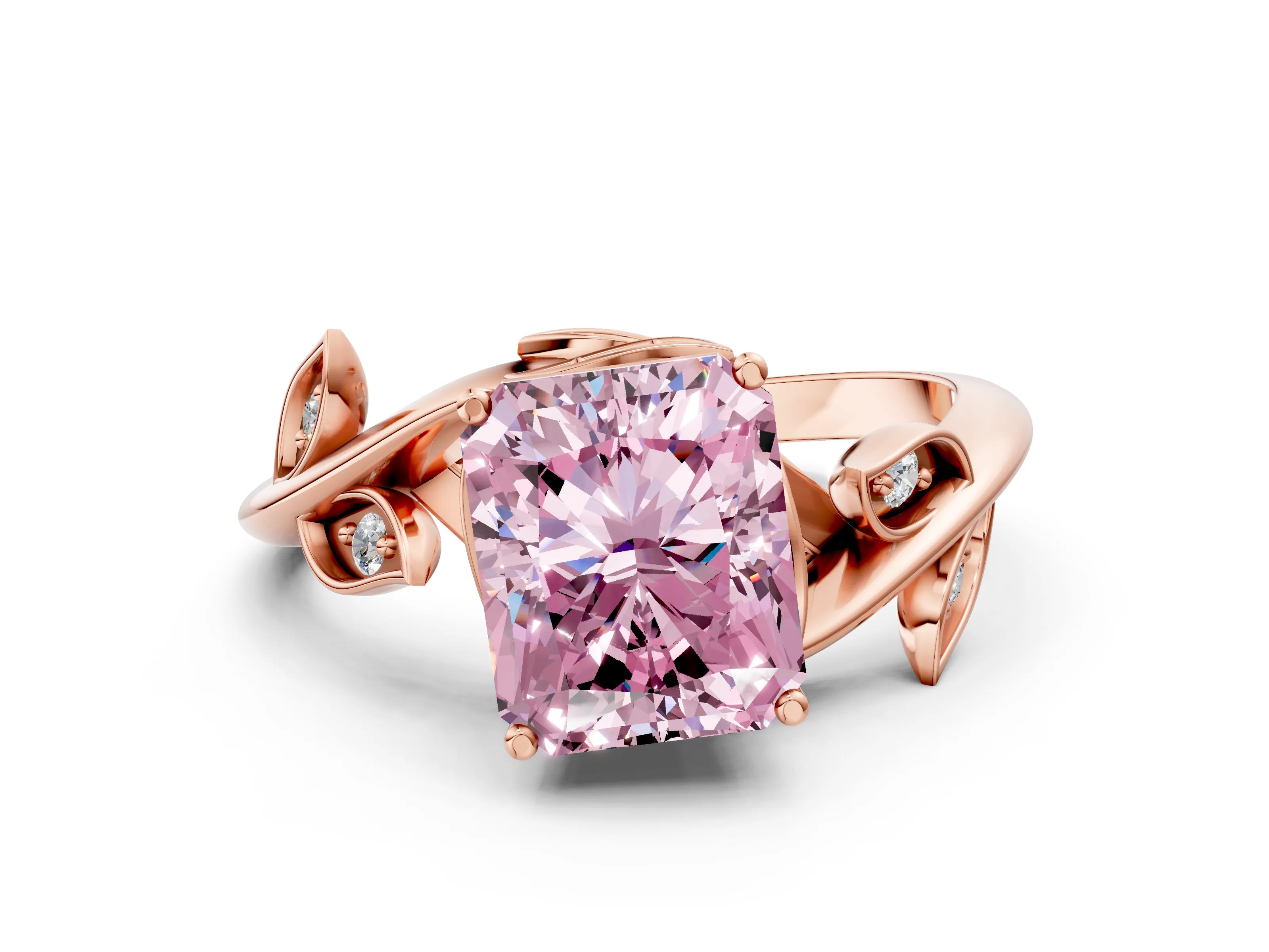 Rose gold Fancy Pink Radiant Cut Solitaire Twist Engagement Ring with Leaf Accents and Prong Setting_12