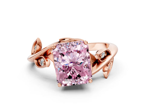 Rose gold Fancy Pink Radiant Cut Solitaire Twist Engagement Ring with Leaf Accents and Prong Setting_12