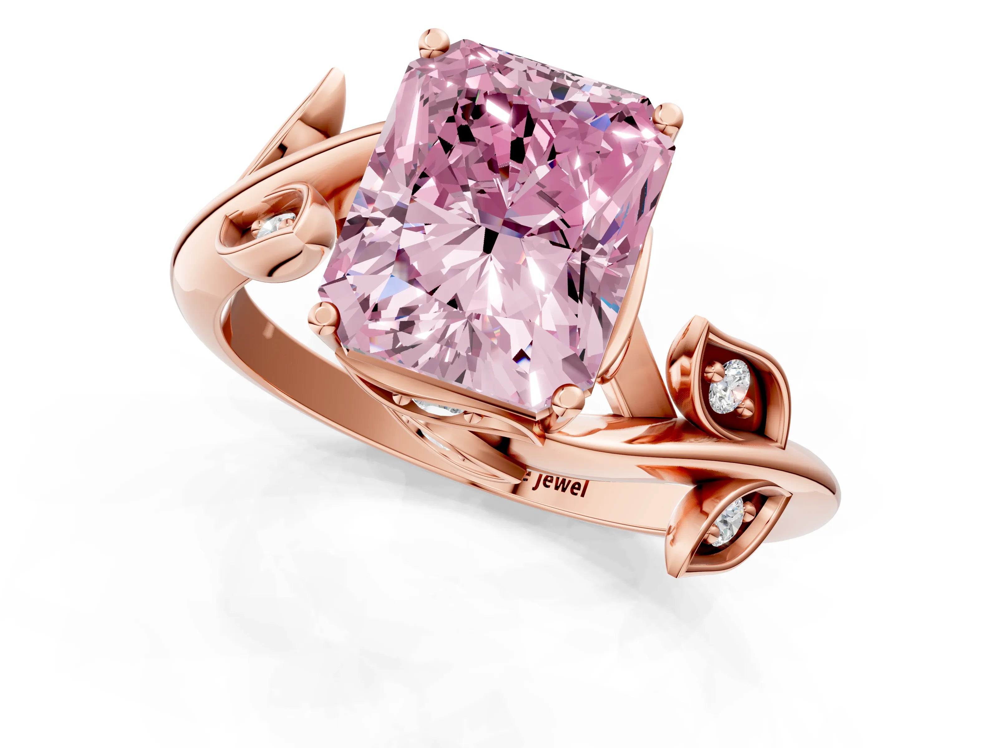 Rose gold Fancy Pink Radiant Cut Solitaire Twist Engagement Ring with Leaf Accents and Prong Setting_13
