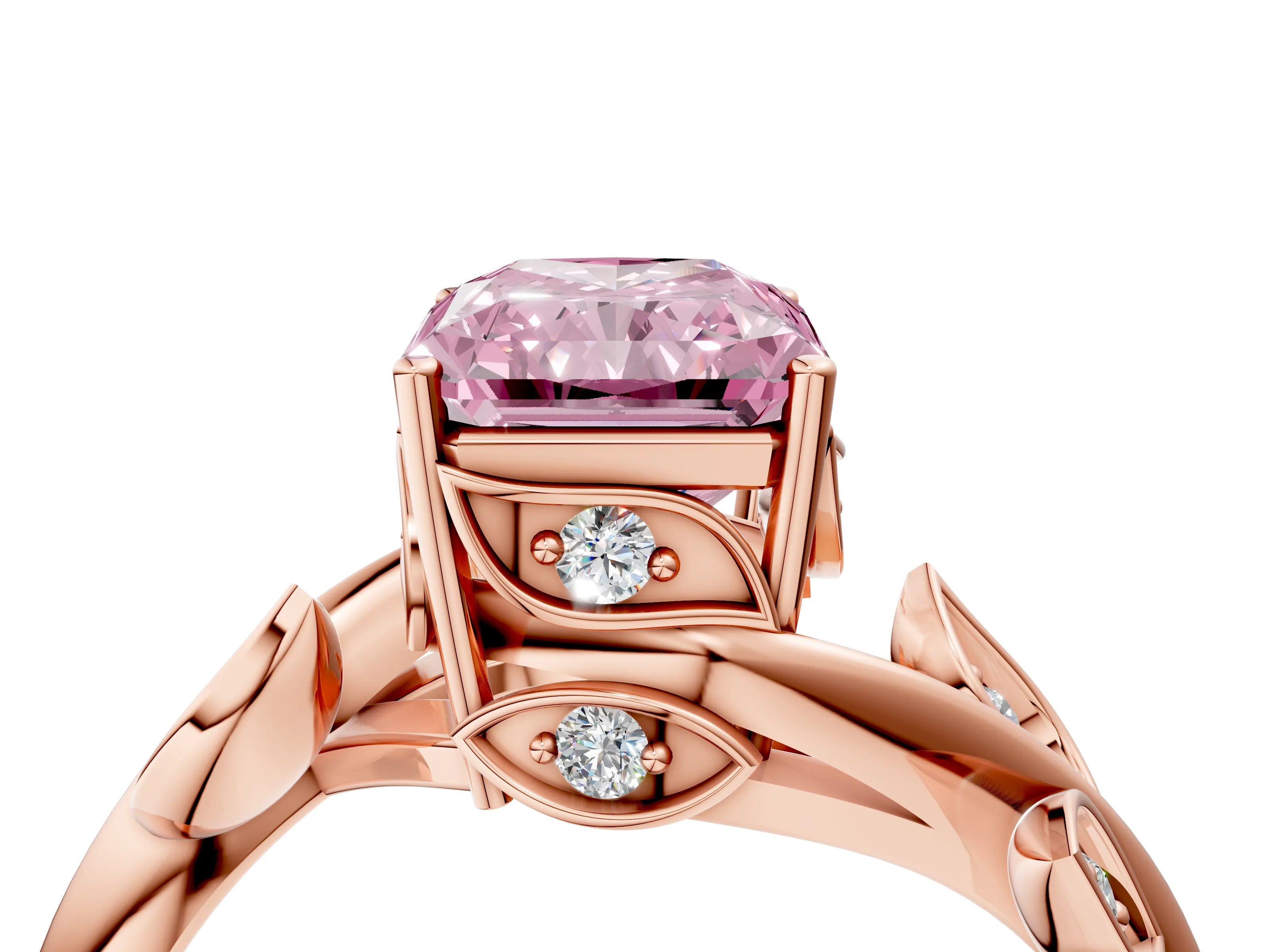 Rose gold Fancy Pink Radiant Cut Solitaire Twist Engagement Ring with Leaf Accents and Prong Setting_16