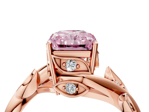 Rose gold Fancy Pink Radiant Cut Solitaire Twist Engagement Ring with Leaf Accents and Prong Setting_16