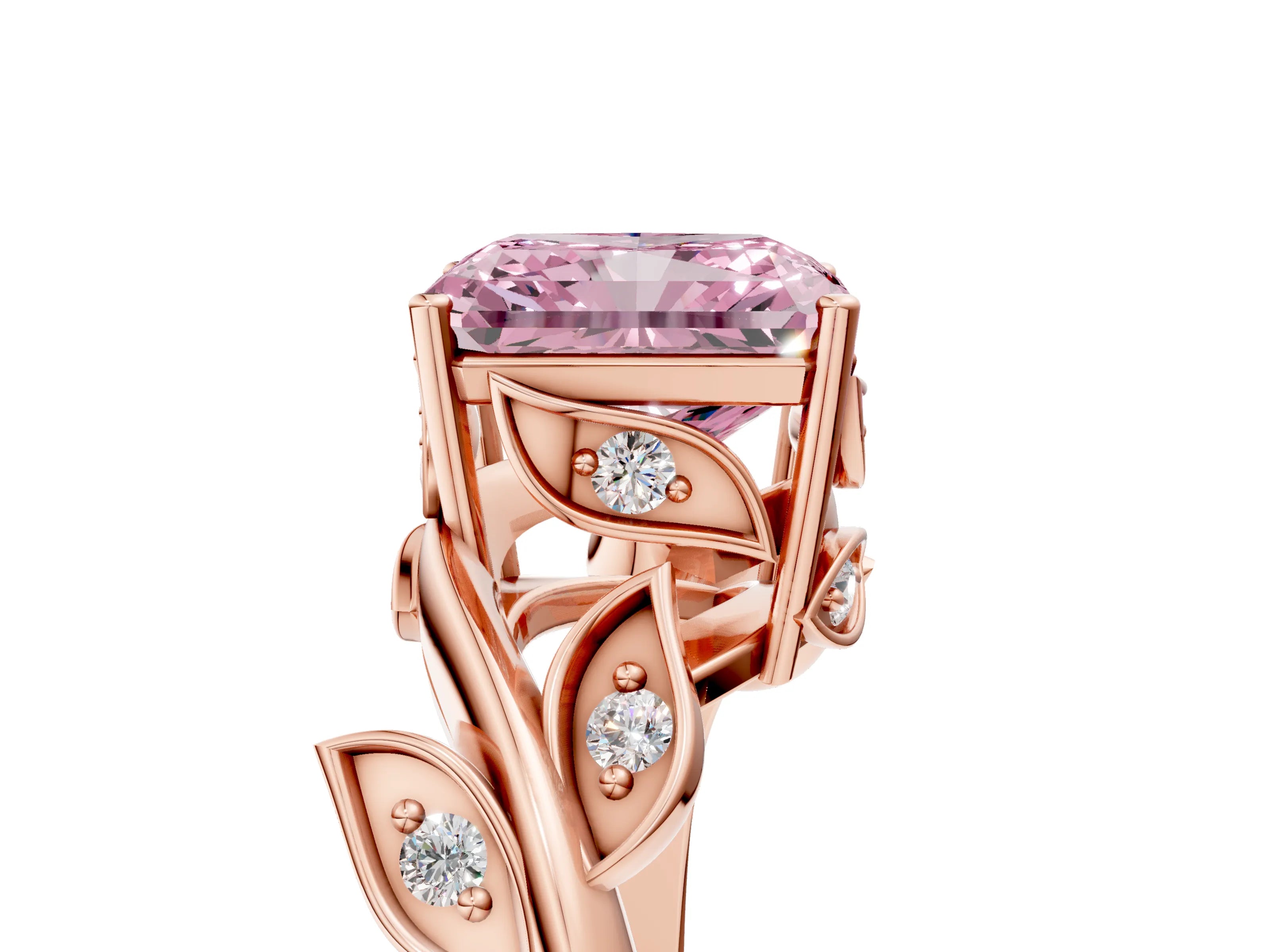 Rose gold Fancy Pink Radiant Cut Solitaire Twist Engagement Ring with Leaf Accents and Prong Setting_17