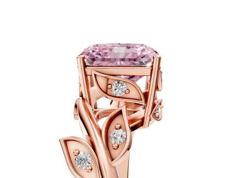 Rose gold Fancy Pink Radiant Cut Solitaire Twist Engagement Ring with Leaf Accents and Prong Setting_17