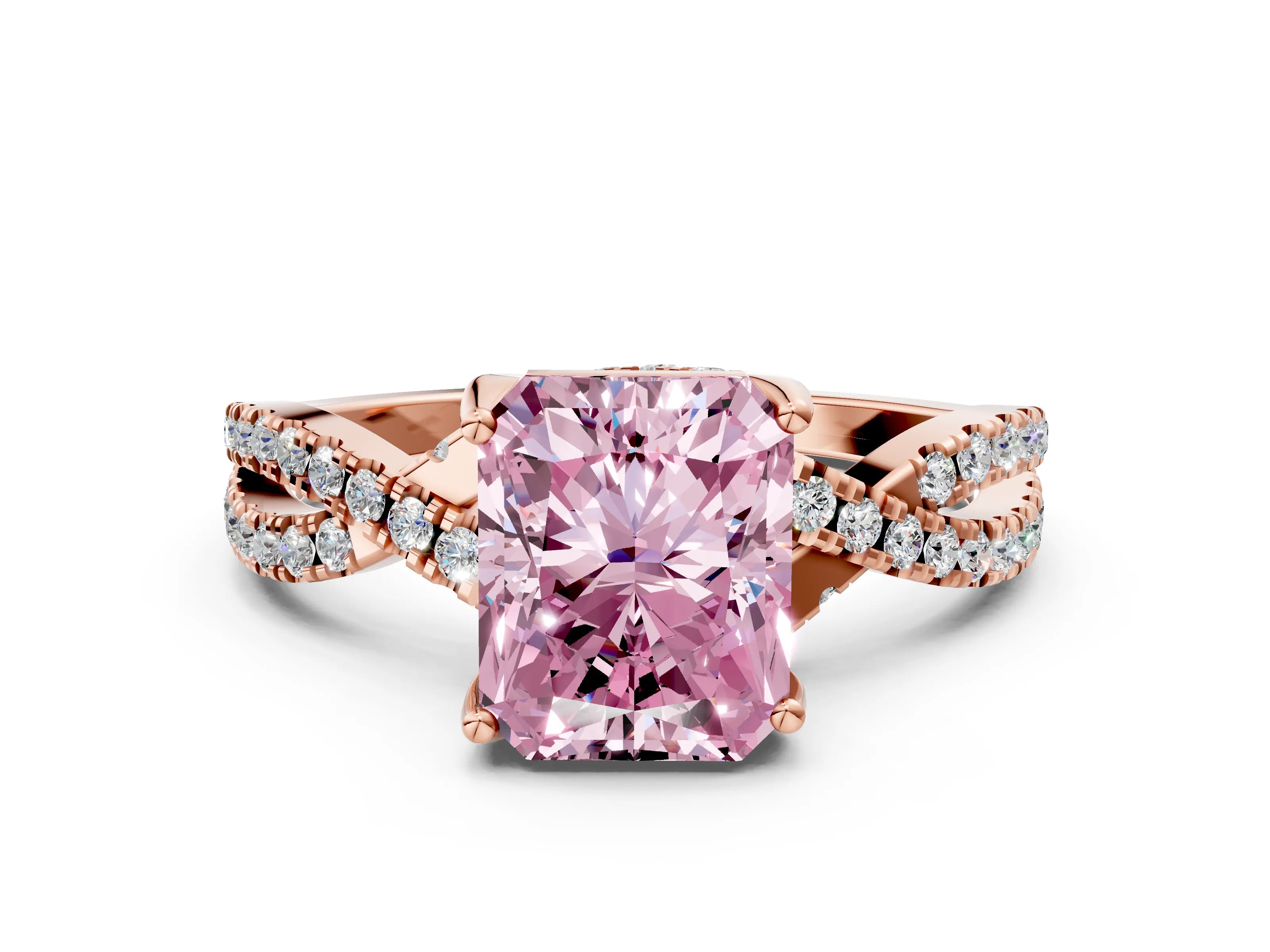 Rose gold Fancy Pink Radiant Cut Solitaire Twist Pave Diamond Engagement Ring with Prong Setting