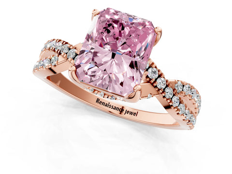 Rose gold Fancy Pink Radiant Cut Solitaire Twist Pave Diamond Engagement Ring with Prong Setting_1