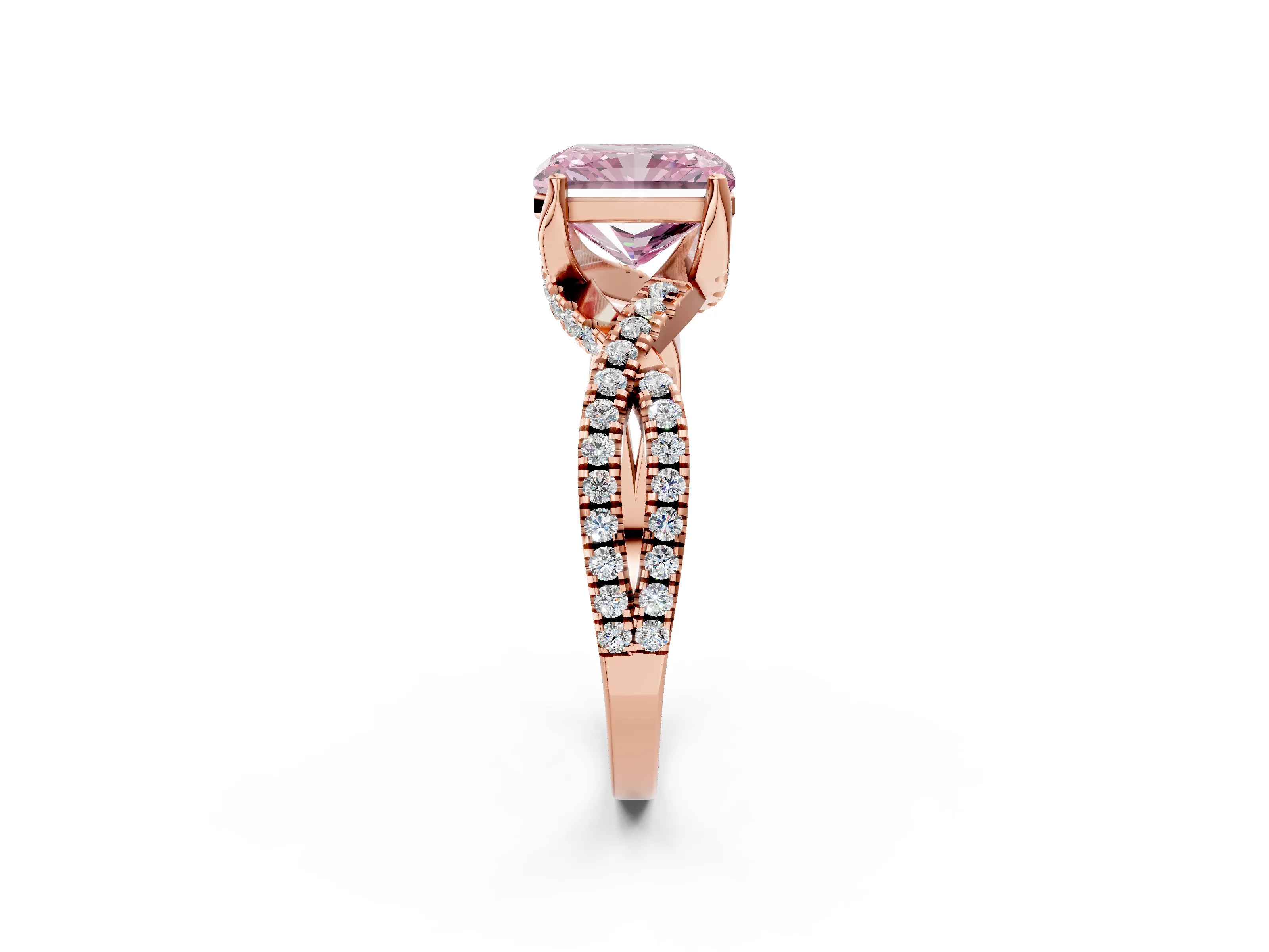 Rose gold Fancy Pink Radiant Cut Solitaire Twist Pave Diamond Engagement Ring with Prong Setting_2