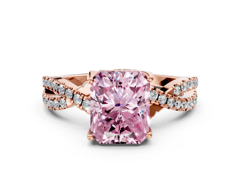 Rose gold Fancy Pink Radiant Cut Solitaire Twist Pave Diamond Engagement Ring with Prong Setting