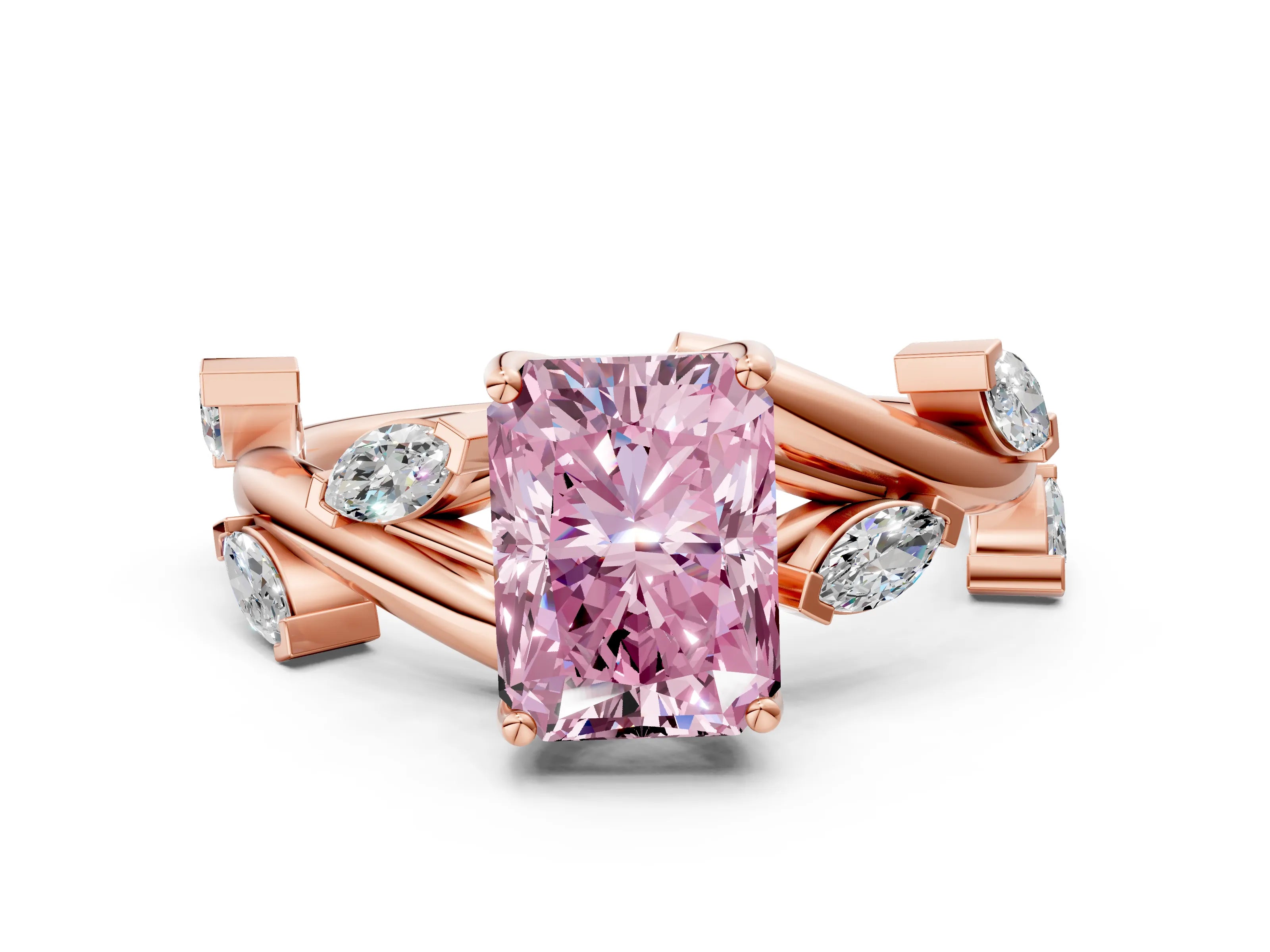 Rose gold Fancy Pink Radiant Cut Solitaire Twisted Band Marquise Accent Prong Setting Ring