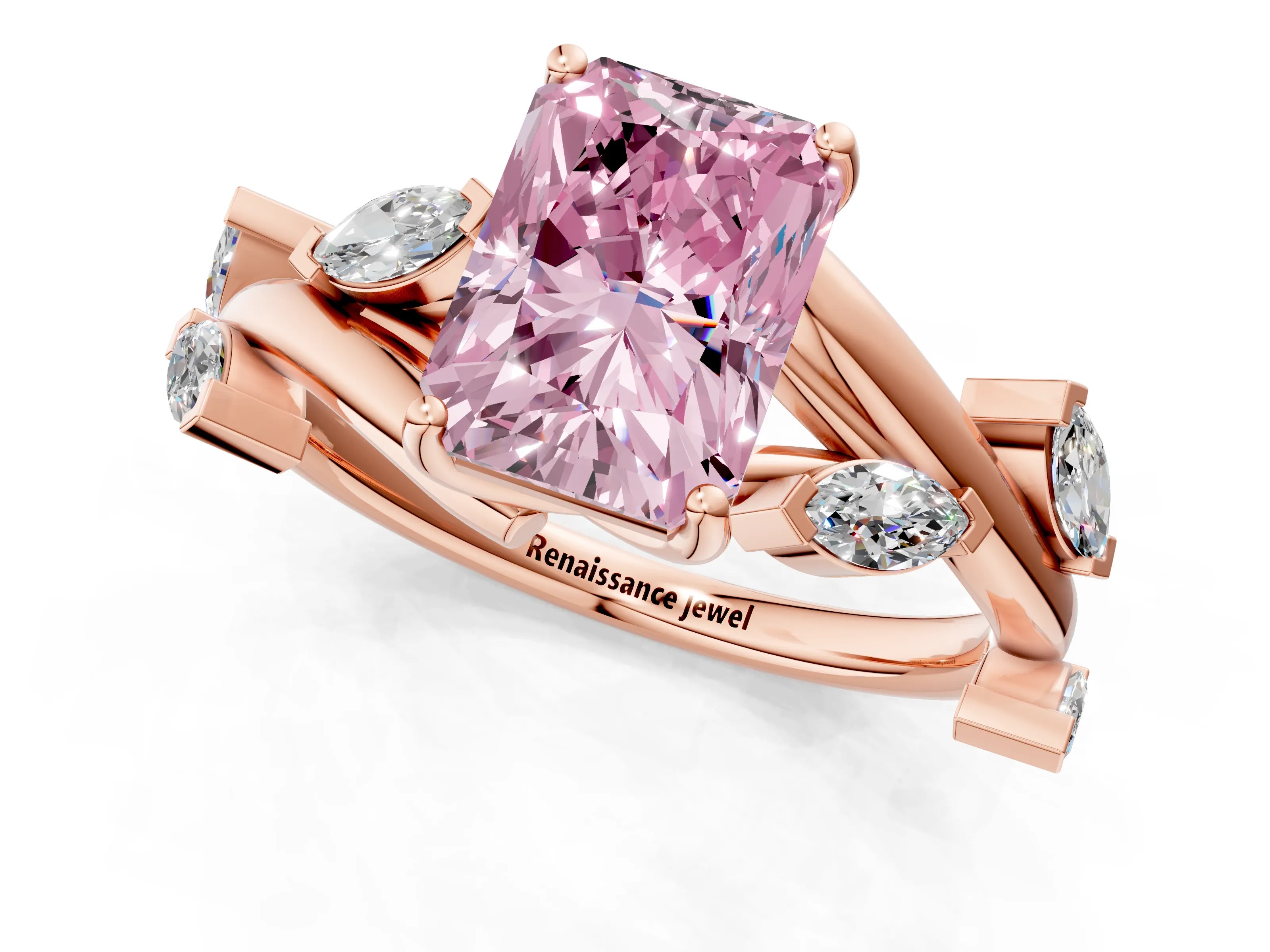 Rose gold Fancy Pink Radiant Cut Solitaire Twisted Band Marquise Accent Prong Setting Ring_1