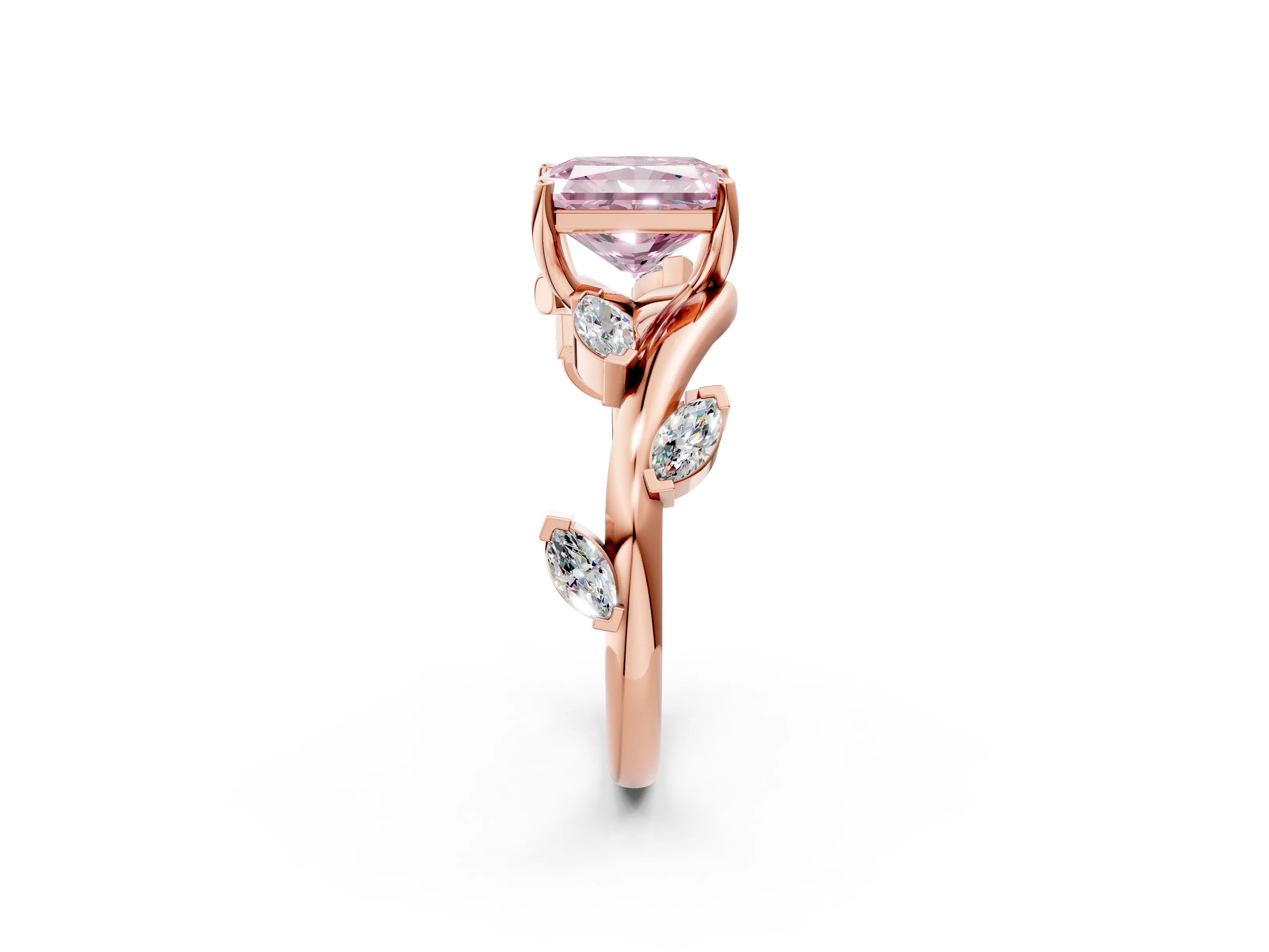 Rose gold Fancy Pink Radiant Cut Solitaire Twisted Band Marquise Accent Prong Setting Ring_2