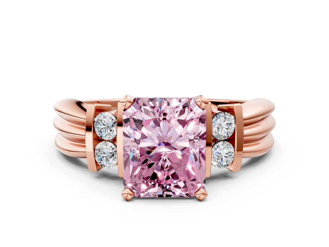 Rose gold Fancy Pink Radiant  Cut Three-Stone Channel Set Ring with Bar Prongs_28