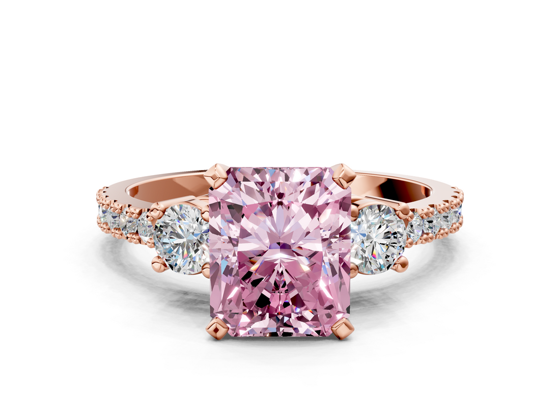 Rose gold Fancy Pink Radiant  Cut Three-Stone Diamond Pavé Band with Prong Setting_19