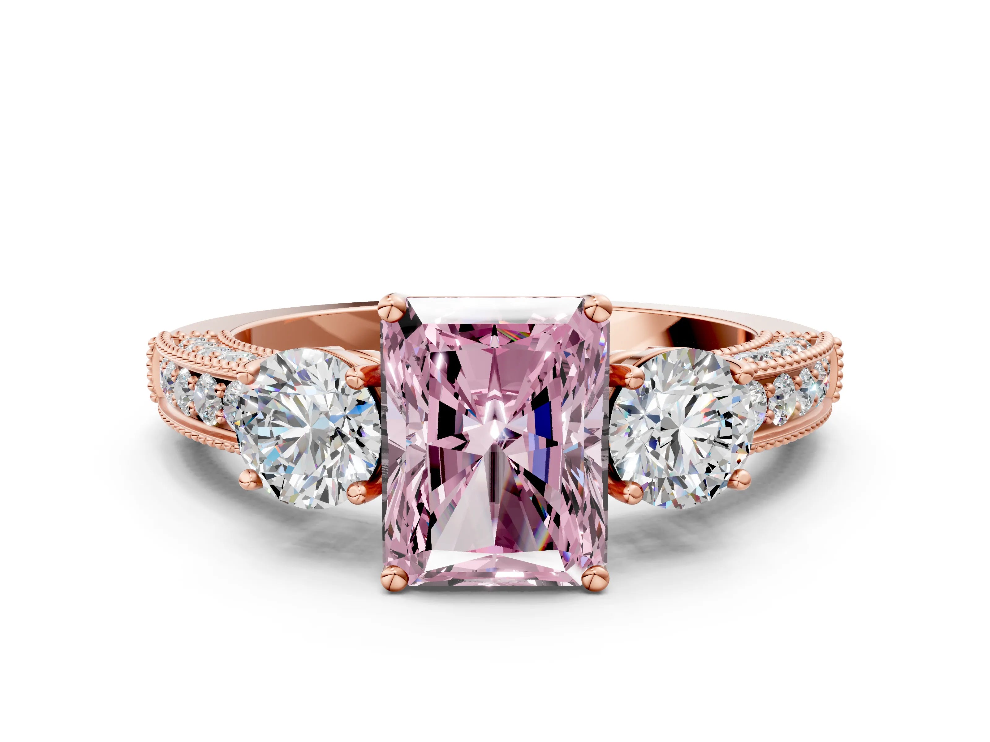 Rose gold Fancy Pink Radiant Cut Three-Stone Diamond Ring with Pavé Band and Four-Prong Setting