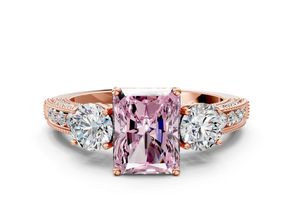 Rose gold Fancy Pink Radiant Cut Three-Stone Diamond Ring with Pavé Band and Four-Prong Setting