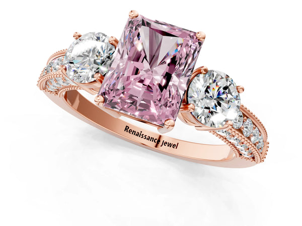 Rose gold Fancy Pink Radiant Cut Three-Stone Diamond Ring with Pavé Band and Four-Prong Setting