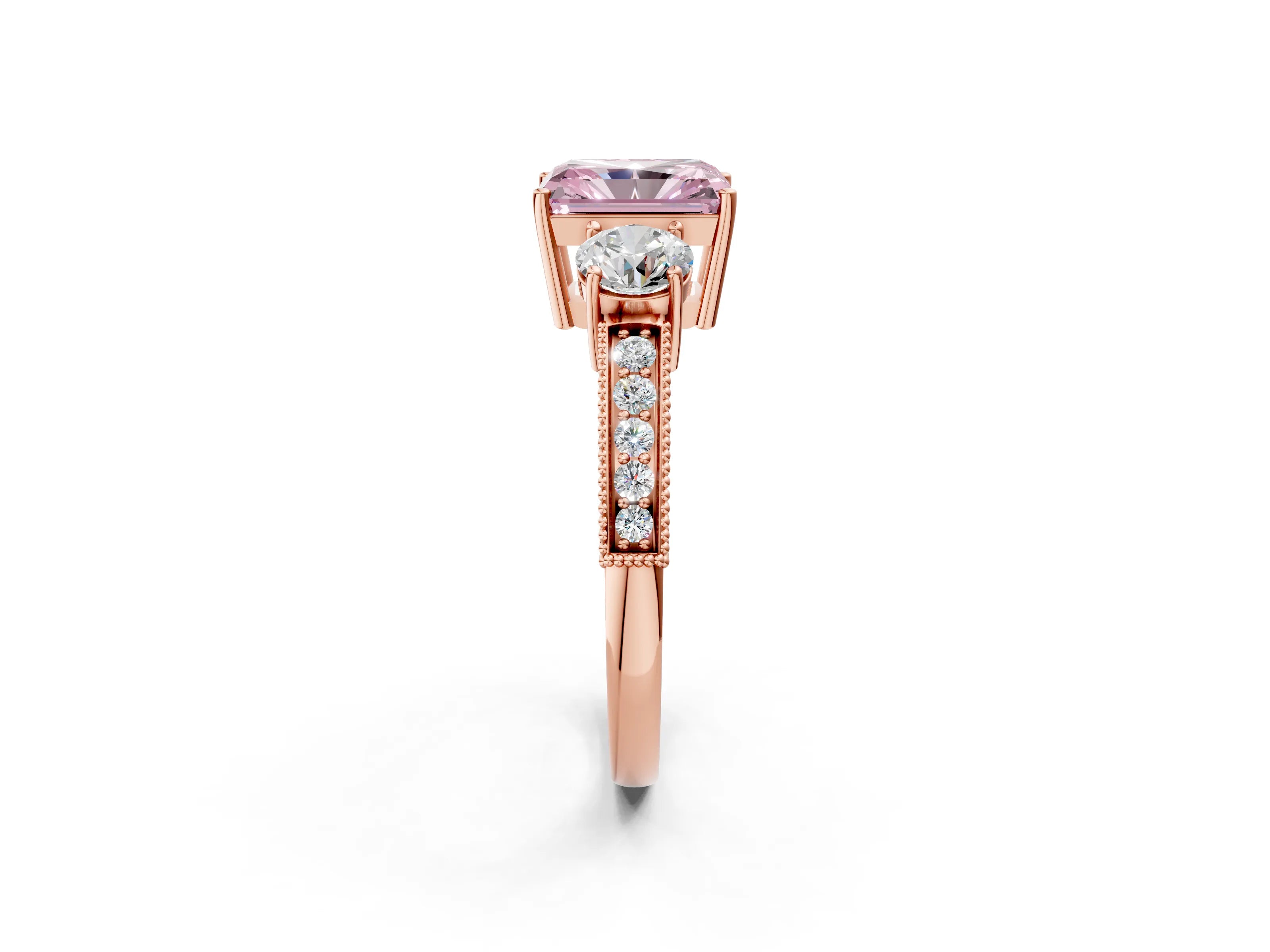 Rose gold Fancy Pink Radiant Cut Three-Stone Diamond Ring with Pavé Band and Four-Prong Setting_2