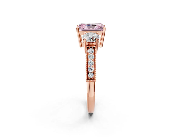 Rose gold Fancy Pink Radiant Cut Three-Stone Diamond Ring with Pavé Band and Four-Prong Setting