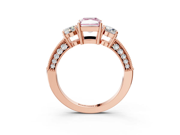 Rose gold Fancy Pink Radiant Cut Three-Stone Diamond Ring with Pavé Band and Four-Prong Setting